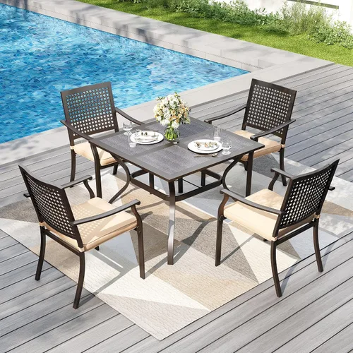 Vista 7 de PHI VILLA - Mesa de comedor al aire libre de 37 pulgadas, mesa de patio con malla de acero de metal, mesa de comedor con orificio para paraguas