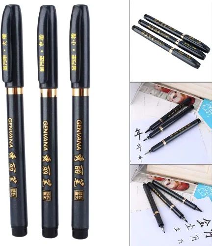 Vista 2 de Delaman Pluma de caligrafía, 3 unidades, chino, japonés, caligrafía, shodo, pincel, tinta, escritura, dibujo, manualidades, bolsillo portátil