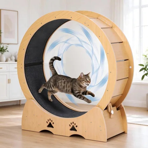 Vista 9 de Cat Exercise Wheel Wooden Running Treadmill with Carpeted Runway for Indoor Black
