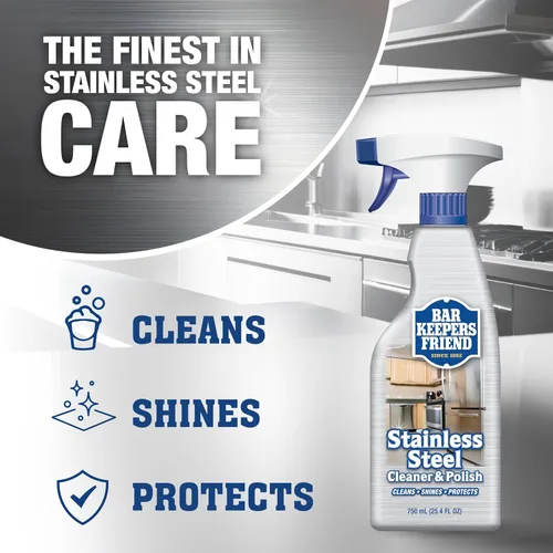 Vista 2 de Bar Keepers Friend Limpiador y pulidor en aerosol para acero inoxidable (2 x 750 ml) Elimina huellas de grasa, manchas de agua dura, mugre