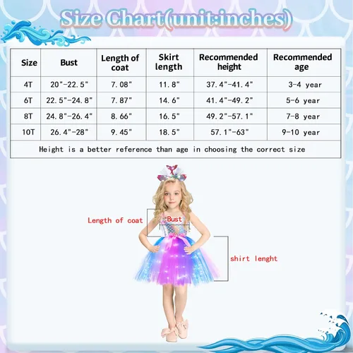 Vista 5 de Girls Mermaid Tutu Dress for Birthday Party LED Light Up Halloween Mermaid Outfit Dress Up Dress with Headband