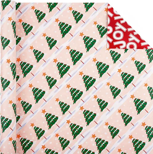 Vista 3 de WRAPAHOLIC - Papel de regalo de Navidad reversible, minirollo, 17 pulgadas x 33 pies, diseño de árbol de Navidad con letras “joy”, perfecto