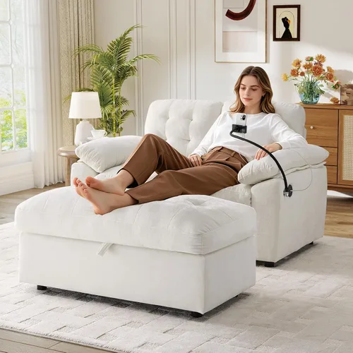 Vista 28 de Chaise Lounge Chair para interiores con puerto USB y soporte para teléfono, sillón reclinable pequeño de felpilla con otomana de almacenamiento