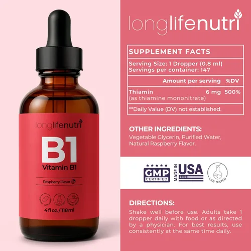 Vista 3 de LongLifeNutri Gotas líquidas de vitamina B1, suplemento de mononitrato de tiamina para energía y salud nerviosa, absorción rápida, 4 onzas líquidas