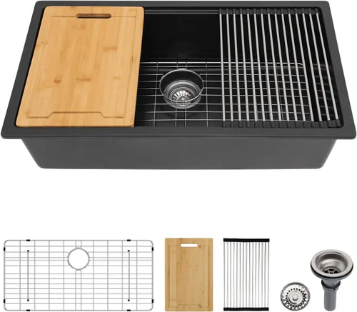 Vista 30 de Lordear Fregadero de Bar Empotrado de Granito Compuesto de 18 Pulgadas 18"x18" Fregaderos de Cocina de Cuarzo Compuesto Negro de Un Solo Tazón Bajo