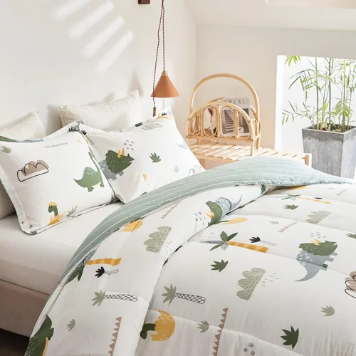 Vista 5 de Juego de edredón de algodón de dinosaurio para niños y niñas, edredón de algodón de 3 piezas, tamaño individual, diseño de dinosaurios verdes Dino