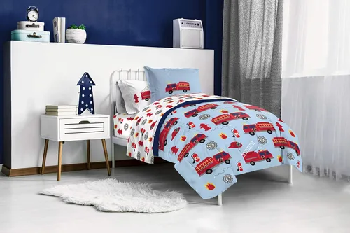 Vista 7 de Trend Collector - Juego de edredón individual de camión de bomberos de 5 piezas, ropa de cama para niños