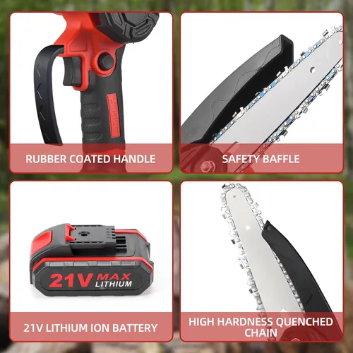 Vista 7 de Mini motosierra eléctrica portátil de 4 pulgadas y 6 pulgadas inalámbrica con 2 cadenas, 2 baterías, tijeras de podar de mano para ramas de árboles