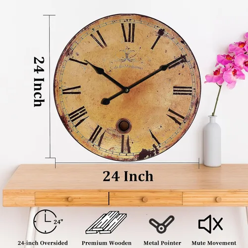 Vista 2 de Reloj de pared rústico grande, silencioso, funciona con pilas, para sala de estar, estilo vintage, de 24 pulgadas, sin tictac, para cocina