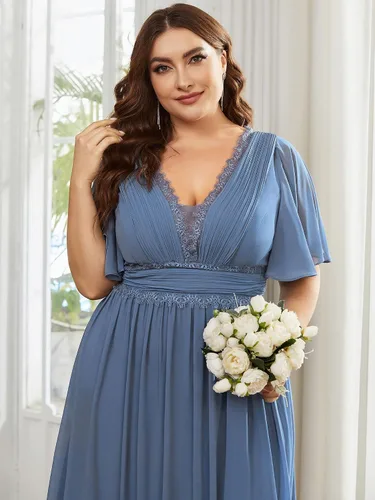 Vista 5 de Ever-Pretty Plus Vestidos formales de encaje de gasa plisados con cuello en V profundo para mujer talla extra grande 01511-DA