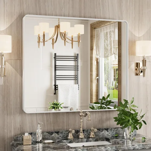 Vista 15 de JISOSO - Espejo de baño negro de 20x30 pulgadas con marco de metal negro, espejo de tocador rectangular redondeado con acabado mate para pared
