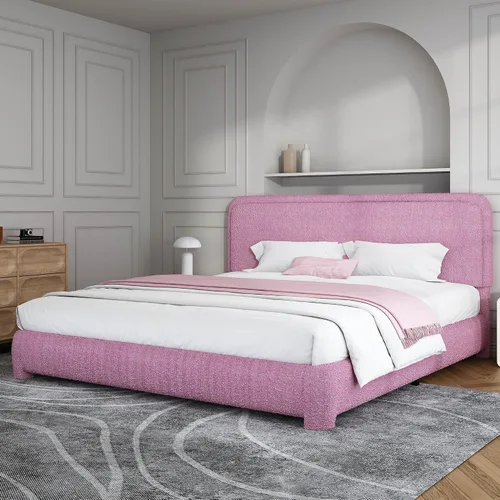 Vista 39 de BarnFurin Base de cama individual con cabecero, cama de plataforma tapizada Cloud Boucle, esquinas redondeadas suaves, no necesita somier, Beige
