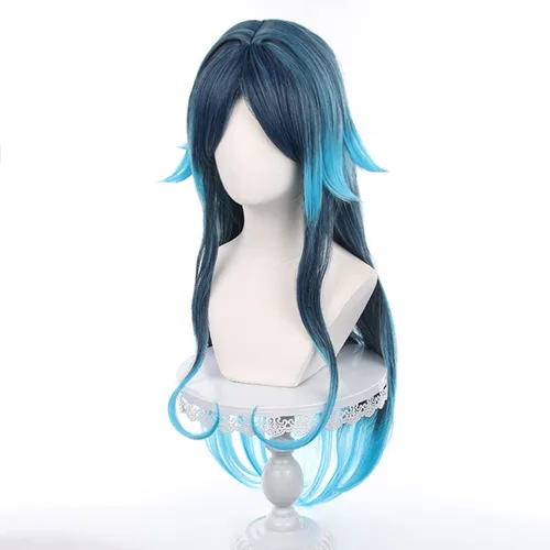 Vista 2 de Genshin Impact Fanan - Peluca de pelo largo degradado azul con gorra de peluca gratis para Comic Con, espectáculo de cosplay, Halloween