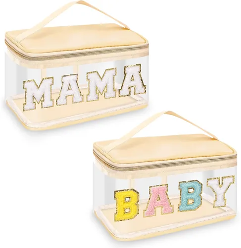 Vista 18 de izuzta Bolsas de maquillaje transparentes con letras de chenilla, bolsa de maquillaje de parche preppy con asa