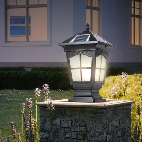 Vista 6 de Luces solares de columna para exteriores, IP65, impermeables, externas, tricolor, atenuación, luces de poste de luz de poste de aluminio para patio