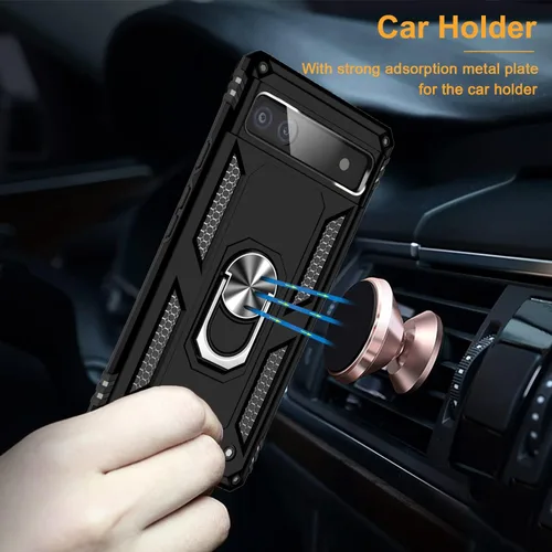Vista 6 de Funda para Google Pixel 6a con protector de pantalla de vidrio templado [2 unidades], funda protectora de grado militar a prueba de golpes con Negro