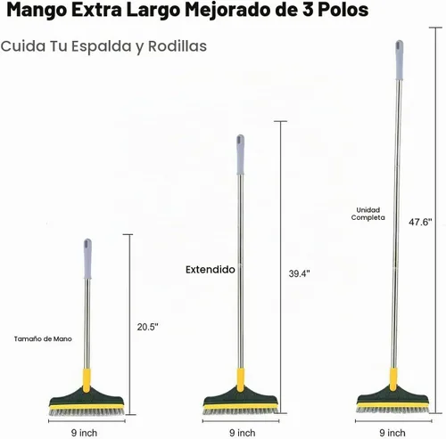 Vista 2 de Cepillo de limpieza 2 en 1, cepillo para lechada, raspador, 3 postes de 47.6 pulgadas, cepillo de limpieza para suelos con mango largo, cepillo