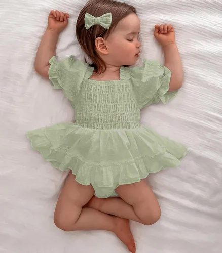 Vista 2 de Mameluco para bebés y niñas de 3, 6, 9, 12, 18 meses, enterizo de manga corta, fruncido, faldas y dobladillo, diadema