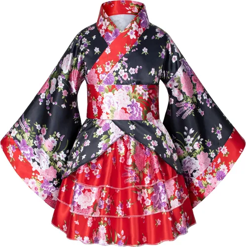 Vista 8 de Elibelle Vestido tradicional japonés kimono bata para niños niñas disfraz de seda plegable abanicos de pelo palo de pelo máscara de zorro conjunto