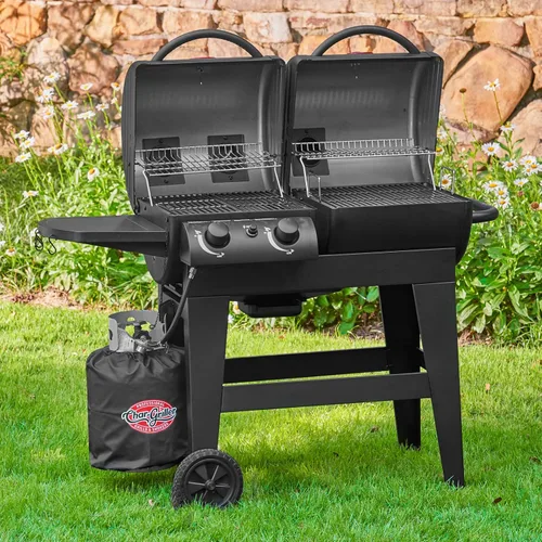 Vista 4 de Char-Griller E5030 Parrilla de gas y carbón de doble función, 2 quemadores, Black and Char-Griller Charcoal Grill Chimney Starter con gatillo