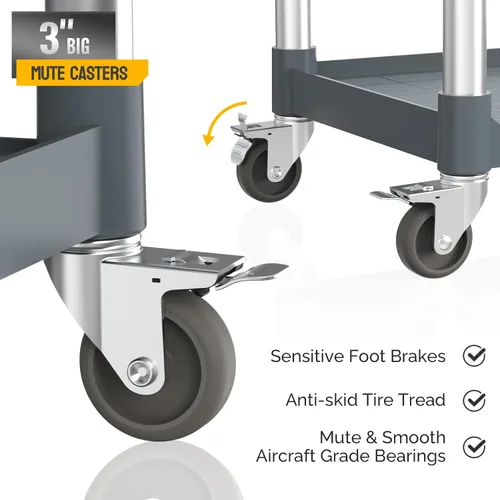 Vista 20 de TUFFIOM Carrito de servicio de plástico de 3 niveles con ruedas, resistente capacidad de 390 libras, rodante comercial, ideal para restaurantes