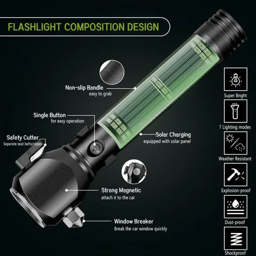 Vista 5 de Linterna recargable con energía solar, linterna táctica LED multifunción con rompecristales, cortador de cinturón de seguridad, alarma y cargador