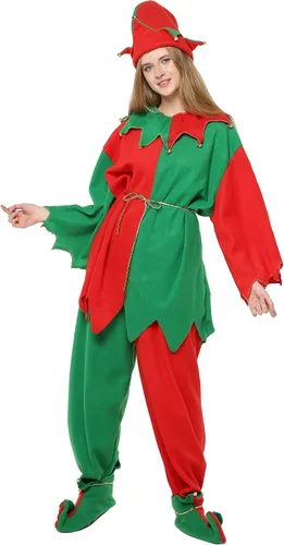 Vista 3 de FantastCostumes Disfraz de elfo de Navidad para adultos unisex disfraz de Papá Noel