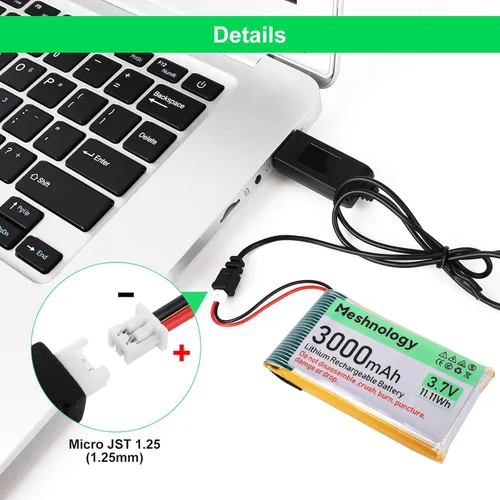Vista 4 de Batería Li de 3.7 V 3000 mAh con cable de cargador USB 103665 1S Batería LiPo con placa de protección, cinta de goma aislada y enchufe micro JST
