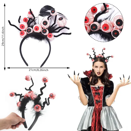 Vista 2 de Diademas de Halloween realistas de terror fantasma, sombrero de ojos rojos, accesorios para el cabello, diademas para mujeres y niños, diadema