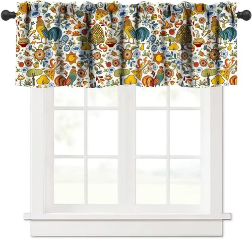 Vista 33 de Cenefa de ventana de gallo de Western Farm, pollo, girasol, retro, con estampado de cuadrícula de búfalo amarillo, bolsillo para barra, tratamientos
