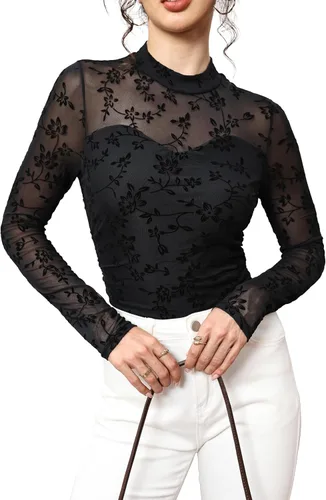Vista 20 de Camisas de manga larga de malla sexy para mujer, ropa de moda, cuello de tortuga, drapeada, para salir, trajes de otoño, blusas ajustadas Negro