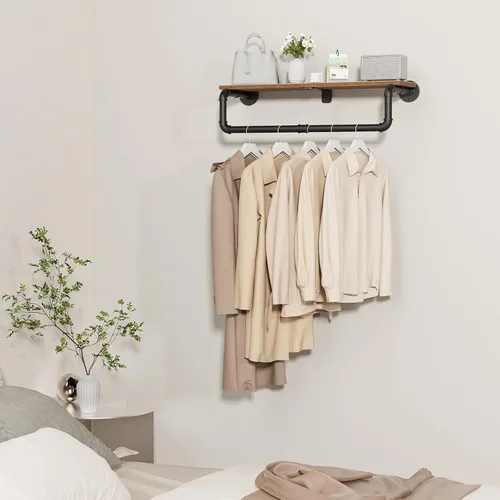 Vista 4 de Perchero Industrial de Tubería, Perchero de Ropa de Hierro Resistente Montado en Pared para Colgar Ropa, Estante con Barra para Colgar