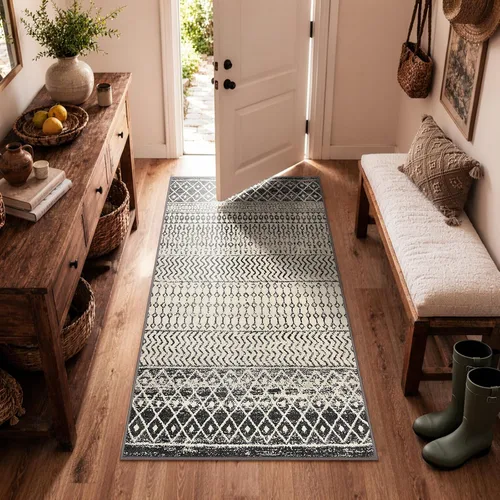 Vista 18 de Alfombra marroquí de área de 2x3 pies, color negro desgastado, alfombra de entrada antideslizante pequeña, suave, de pelo bajo, lavable, tapete