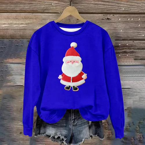 Vista 4 de Sudadera gráfica dibujos animados Santa para mujer, sudaderas cuello redondo, estampado 3D, mangas caídas, jersey