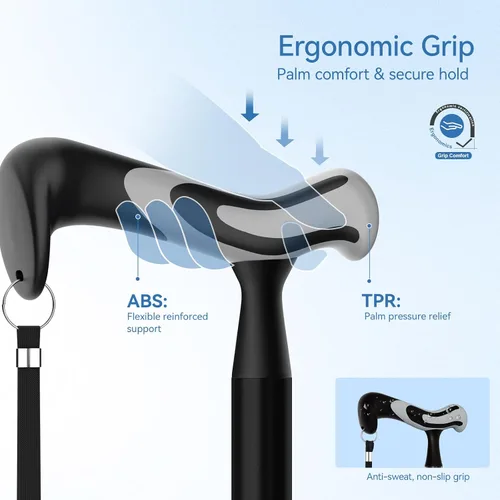 Vista 2 de [Usado] Bastón de caminar para mujeres/hombres con segundo mango, plegable y ajustable con base de 4 puntas para estar de pie, ayuda ligera