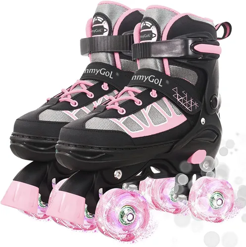 Vista 10 de MammyGol Roller Skates for Kids Boys Girls, Adjustable Quad Skates with Light Up Wheels for Toddler Little Kids Ages 6-12, Beginners Outdoor Sports