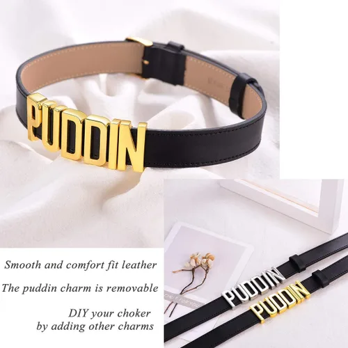 Vista 4 de U7 Gargantilla de cuero negro personalizada con nombres iniciales chapados en platino y oro de 18 quilates, joyería punk personalizada para cosplay
