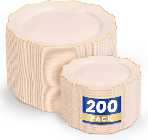 Vista 14 de WDF 100 piezas de platos de plástico azul - Platos desechables azul claro - Platos de plástico con borde festoneado resistente