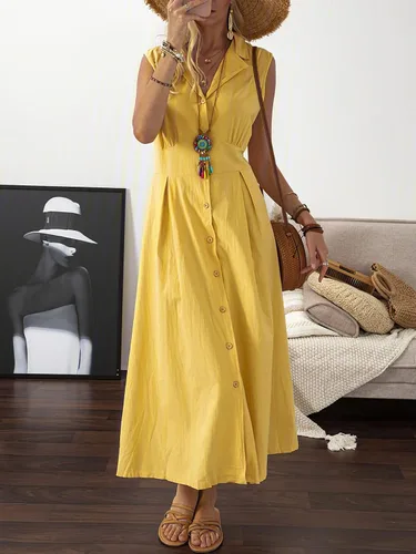 Vista 4 de Vestido largo de verano para mujer, sin mangas, con botones, casual, de algodón, lino, con solapa, cuello en V, acampanado, maxivestido