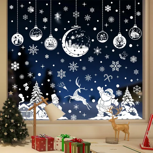 Vista 3 de Calcomanías navideñas para ventana, 9 hojas, 262 unidades, reutilizables, de doble cara, estampadas, autoadhesivas, para fiestas de invierno