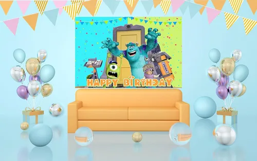 Vista 3 de Telón de fondo verde de Monster Inc para suministros de fiesta de cumpleaños, 5 x 3 pies Monster Inc Boo Theme Baby Shower Banner para fiesta