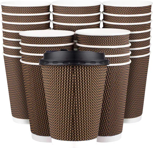 Vista 10 de Promora Tazas de café desechables marrones con tapas de 16 onzas, tazas de papel onduladas de papel aislado premium para café caliente