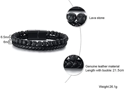 Vista 2 de MEALGUET Pulsera de roca de lava para hombre, pulsera de cuero trenzado con cierre magnético, 2 capas, 8.3in