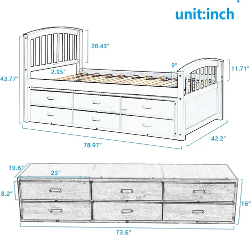 Vista 2 de Harper & Bright Designs Cama de almacenamiento de plataforma de tamaño individual, cama capitanes de madera maciza con 6 cajones, no necesita somier
