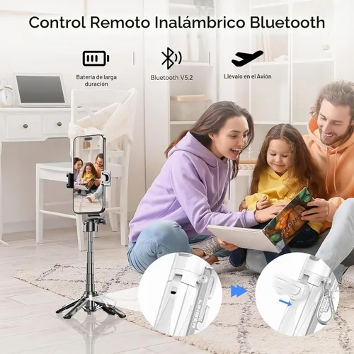 Vista 5 de Trípode para selfie stick con luz de relleno y control remoto Negro