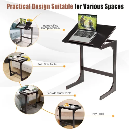 Vista 8 de Mesa auxiliar de bambú para sofá, mesa de TV ajustable en forma de C con mesa ajustable de 7 ángulos y tapón, escritorio portátil para computadora
