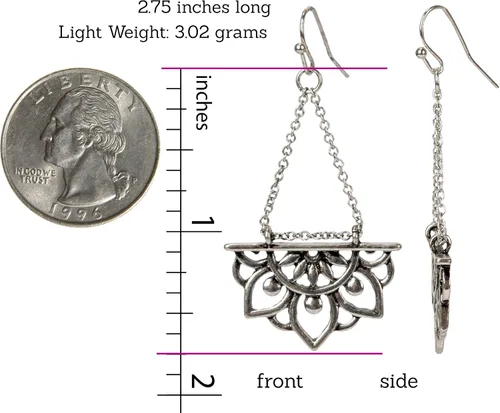 Vista 3 de New Beginnings - Aretes colgantes con diseño de flor de loto, plata antigua u oro y pátina, estilo bohemio, elegante, tribal, étnico, para mujeres