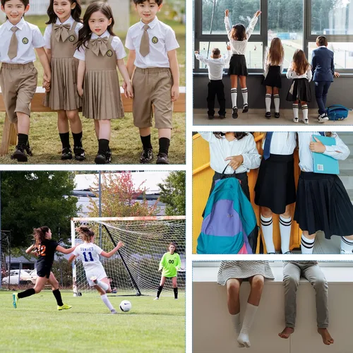 Vista 7 de Komorebi Calcetines de fútbol para niños, calcetines de tubo hasta la rodilla, calcetines de tres rayas de algodón, uniforme deportivo para niñas
