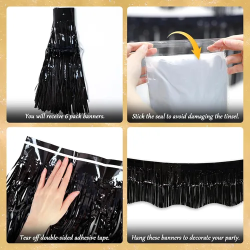 Vista 5 de LOLStar Paquete de 6 guirnaldas de flecos de papel de aluminio de oropel negro, decoraciones de fiesta de cumpleaños, pancarta de serpentinas