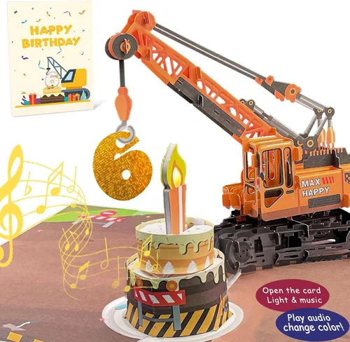 Vista 15 de Tarjeta de Felicitación 3D Desplegable de 1er Cumpleaños con Luz y Música, Tarjeta de Grúa y Camión Para Niño, Sobrino, Nieto, Hijo, Pequeño